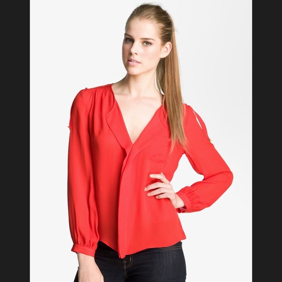 Parker Tops - PARKER RED V-NECK SILK BLOUSE